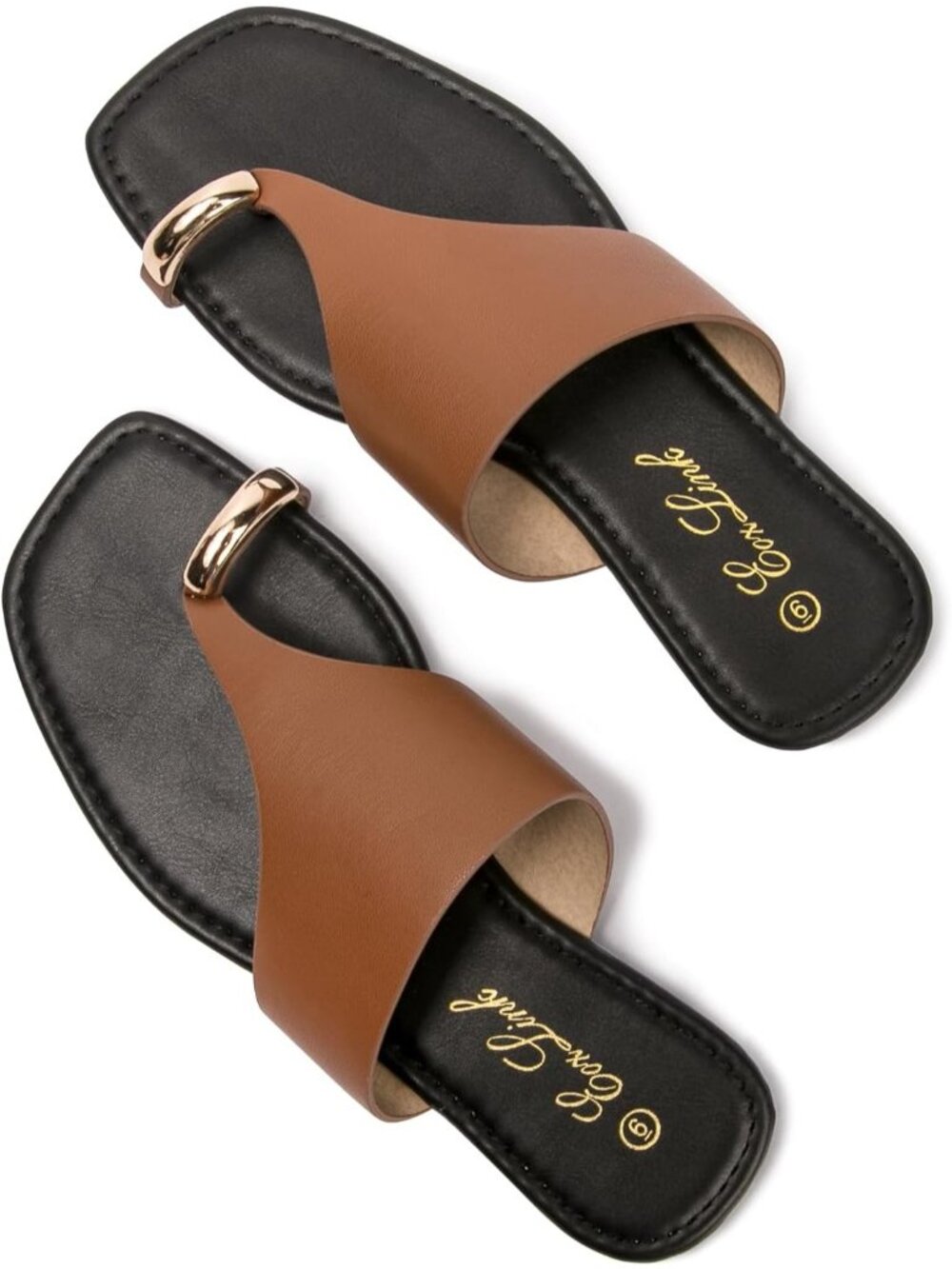 Women's Brown Casual Outfits Slip On Dressy Summer Slides Toe Ring Flat Sandals